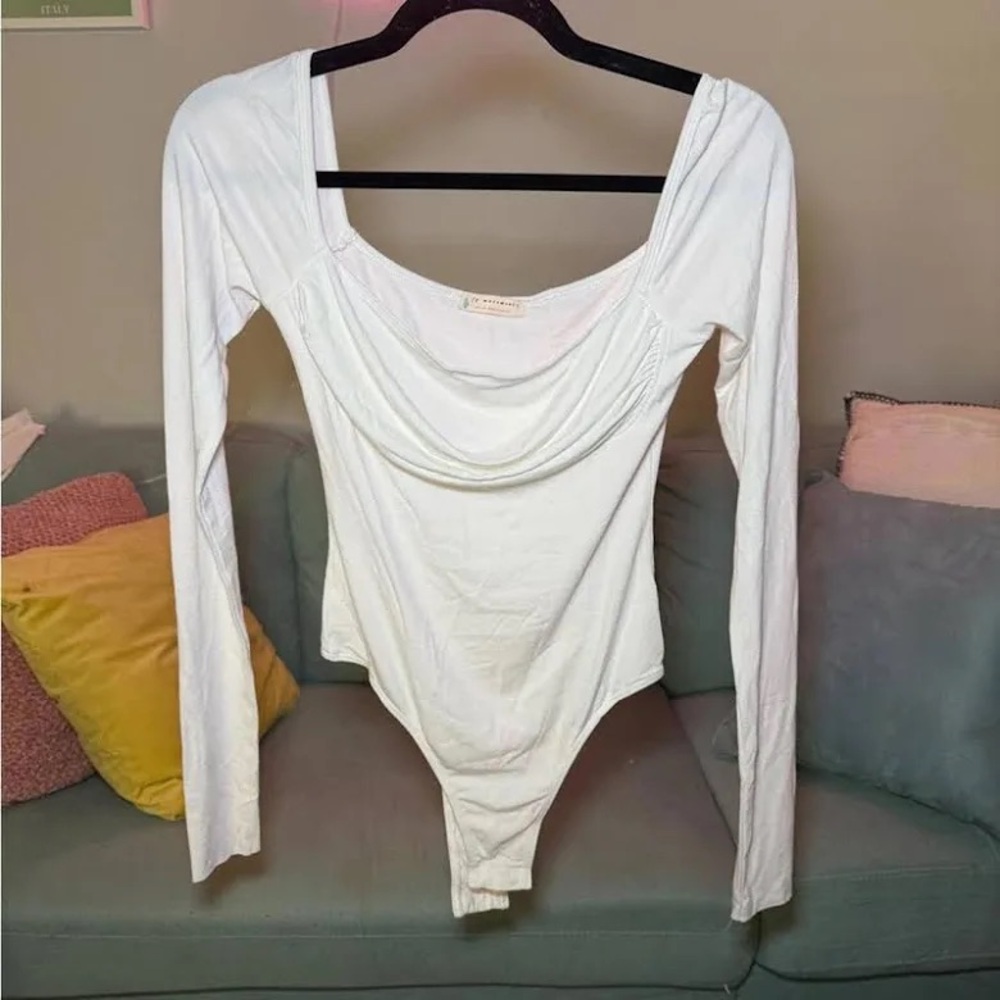 White Long Sleeve Bodysuit with front Draping